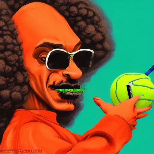 Image similar to snoop dogg tennis ball monster ,tennis ball, digital art, smoke, fantasy,chalk, magic, trending on artstation, ultra detailed, professional illustration by Basil Gogos