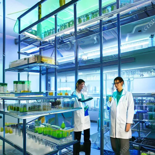 Prompt: establishing shot of a futuristic botanical lab, two scientist on a platform in foreground, teal lighting, photo realistic