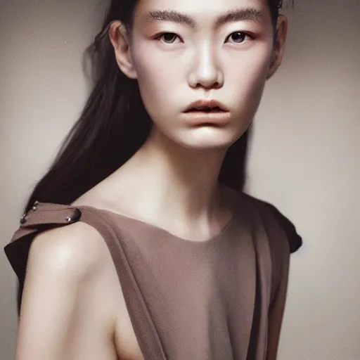 Prompt: a muted colors natural make-up portrait Photograph of a Japanese model, editorial story, Vogue France, editorial photographer by Peter Gehrke