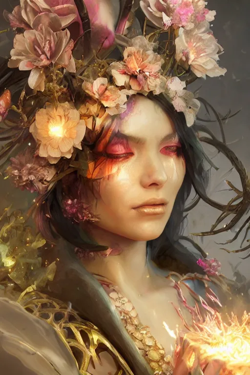 Image similar to face closeup of beautiful girl necromancer, witch - doctor covered with velvet exploding into crystals, angels, 3 d render, hyper realistic detailed portrait, holding magic flowers, ruan jia, wlop. scifi, fantasy, hyper detailed, octane render, concept art, peter mohrbacher