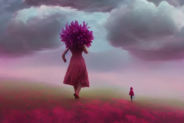 Image similar to giant dahlia flower on - head, girl walking on mountain, surreal photography, pink storm clouds, dramatic light, impressionist painting, digital painting, artstation, simon stalenhag