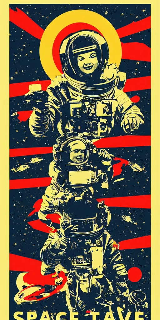 Image similar to a propaganda style poster for space travel. in the style of Shepard Fairey.