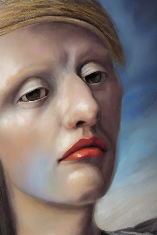 Image similar to hyperrealism oil painting, close - up portrait of albino medieval fashion model, knight, steel gradient mixed with nebula sky, in style of baroque