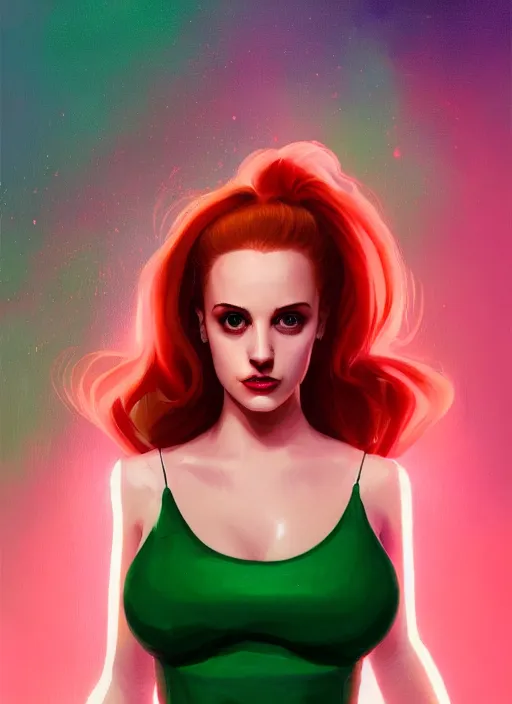 Image similar to full body portrait of teenage cheryl blossom, bangs, green eyes, mischievous expression, red hair, sultry smirk, bangs and wavy hair, intricate, elegant, glowing lights, highly detailed, digital painting, artstation, concept art, smooth, sharp focus, illustration, art by wlop, mars ravelo and greg rutkowski