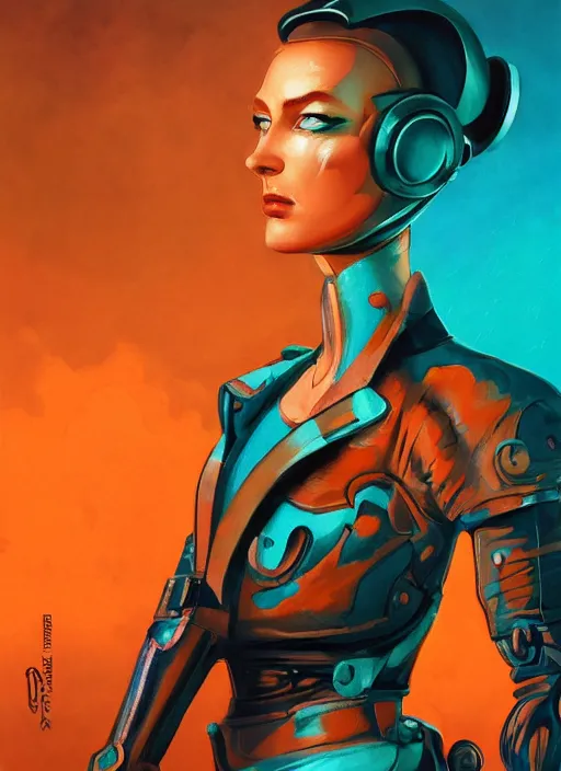 Image similar to symmetry!! dynamic pose! closeup portrait of a cyborg pirate girl, fashion cyborg jumpsuit, shoulder pads, cinematic light, backlight, windy, teal orange, smoke trails, dust particles, by gerald brom, by mikhail vrubel, by peter elson, muted colors, extreme detail, trending on artstation, 8 k
