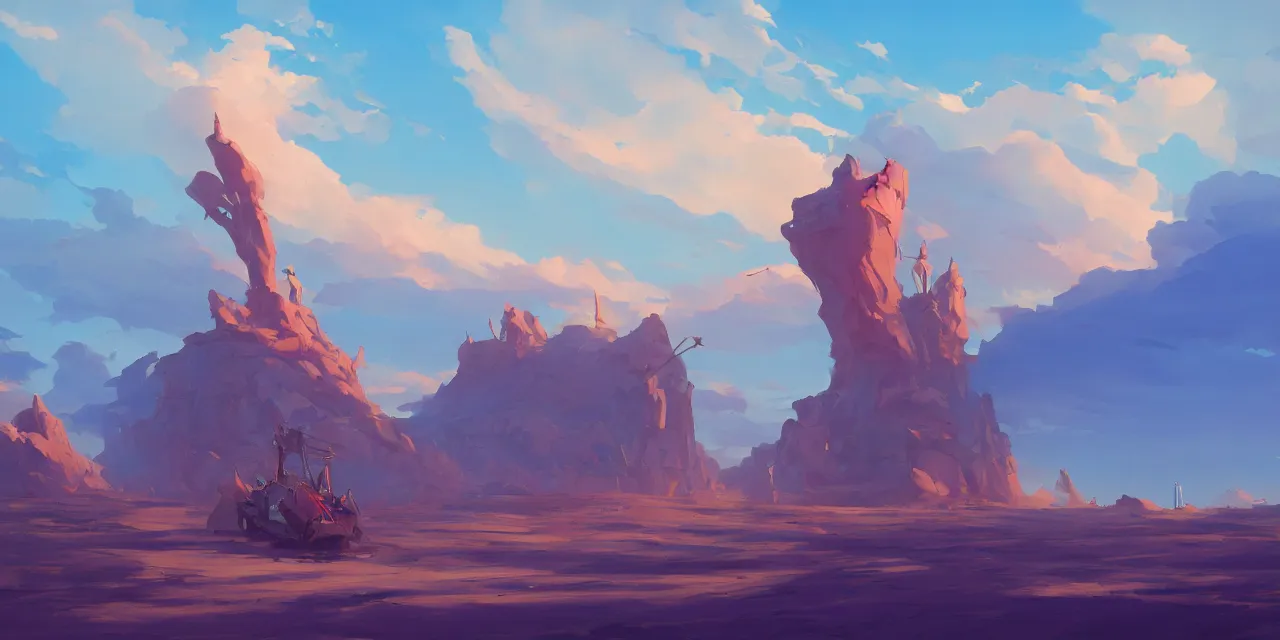 Image similar to blue desert, organic tower in the distance, green sky with a red sun, pirate ship floating in the sky, official fanart behance hd artstation by jesper ejsing, by rhads, makoto shinkai and lois van baarle, ilya kuvshinov, ossdraws