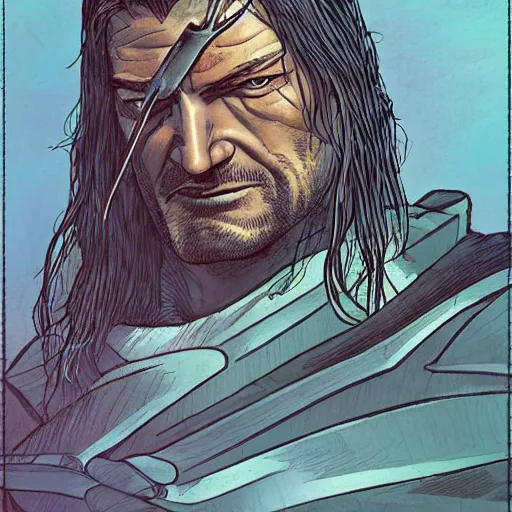 Prompt: precisely drawn illustration of Boromir blended with Geralt of Rivia, wide angle, sharp, fine details, French comic style, vibrant realistic colors, full color, heroic fantasy, intense line art, 8k, precise linework, realistic, in the style of Heavy Metal Comics and Richard Corben and Moebius