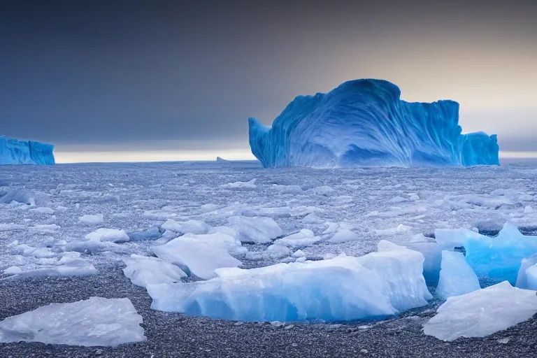 Prompt: Arctic ice cliffs at night, glacier photography, bright sea, black sky, blue glow, icebergs, ocean, today\'s featured nature photography 4K