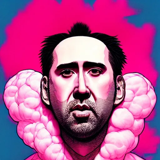 Image similar to prompt : pink nicolas cage illustration portrait soft light painted by james jean and katsuhiro otomo and erik jones, inspired by evangeleon anime, smooth face feature, intricate oil painting, high detail illustration, sharp high detail, manga and anime 1 9 9 9