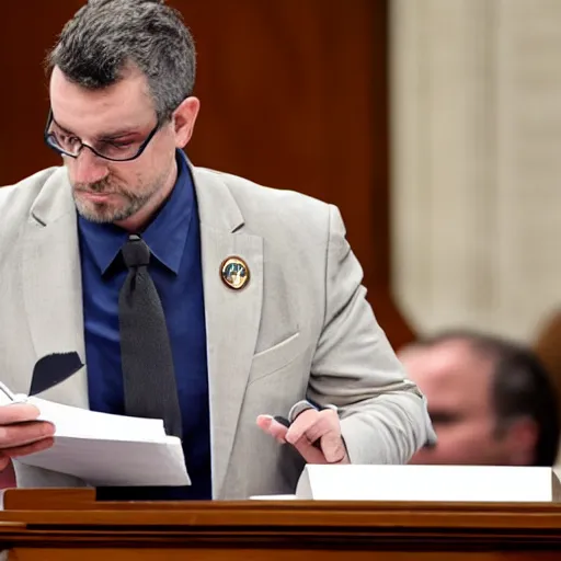 Prompt: Badger holding a clipboard addressing congress