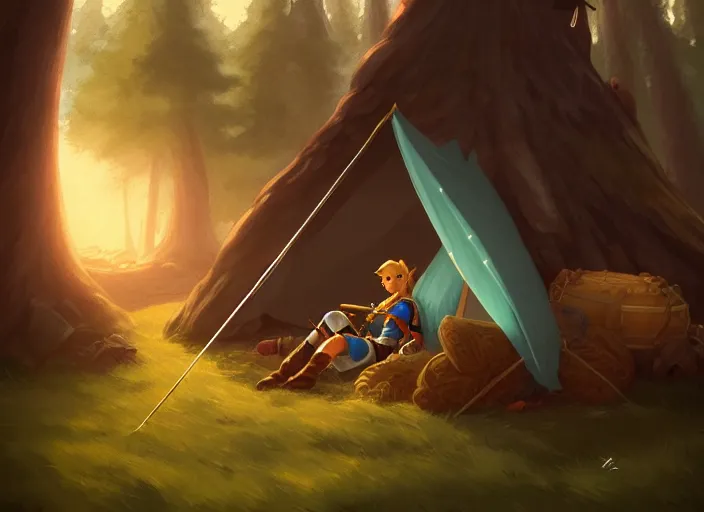 Image similar to full portrait of link from zelda resting with his bow at his tent. intricate, elegant, highly detailed, digital painting, artstation, concept art, smooth, sharp focus, illustration, by greg rutkowski, 8 k