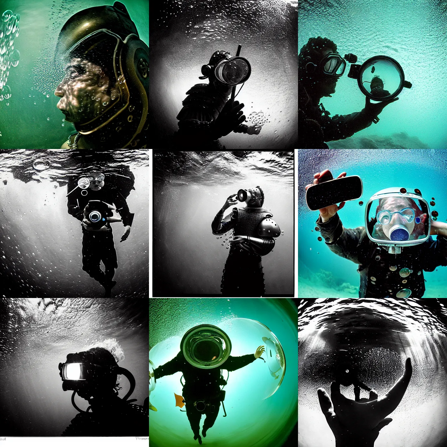 Prompt: Underwater photo of an artist in medieval armor by Trent Parke, looking at a camera through a visor, close up, huge bubbles, metallic patterns, clean, detailed