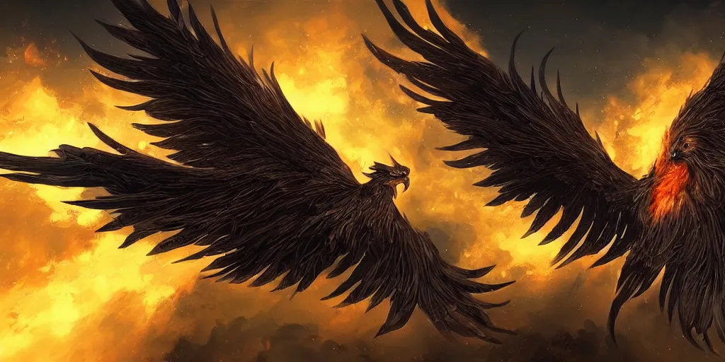 Image similar to artwork of a phoenix, highly detailed, artstation, night black sky background, smooth illustration, digital art, unreal engine, ultra realistic, fine art, concept art