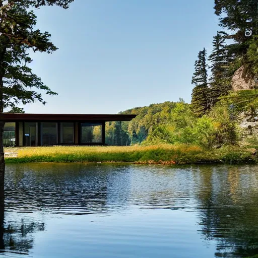 Image similar to a modern house in a national park, there is a lake next to it, landscape