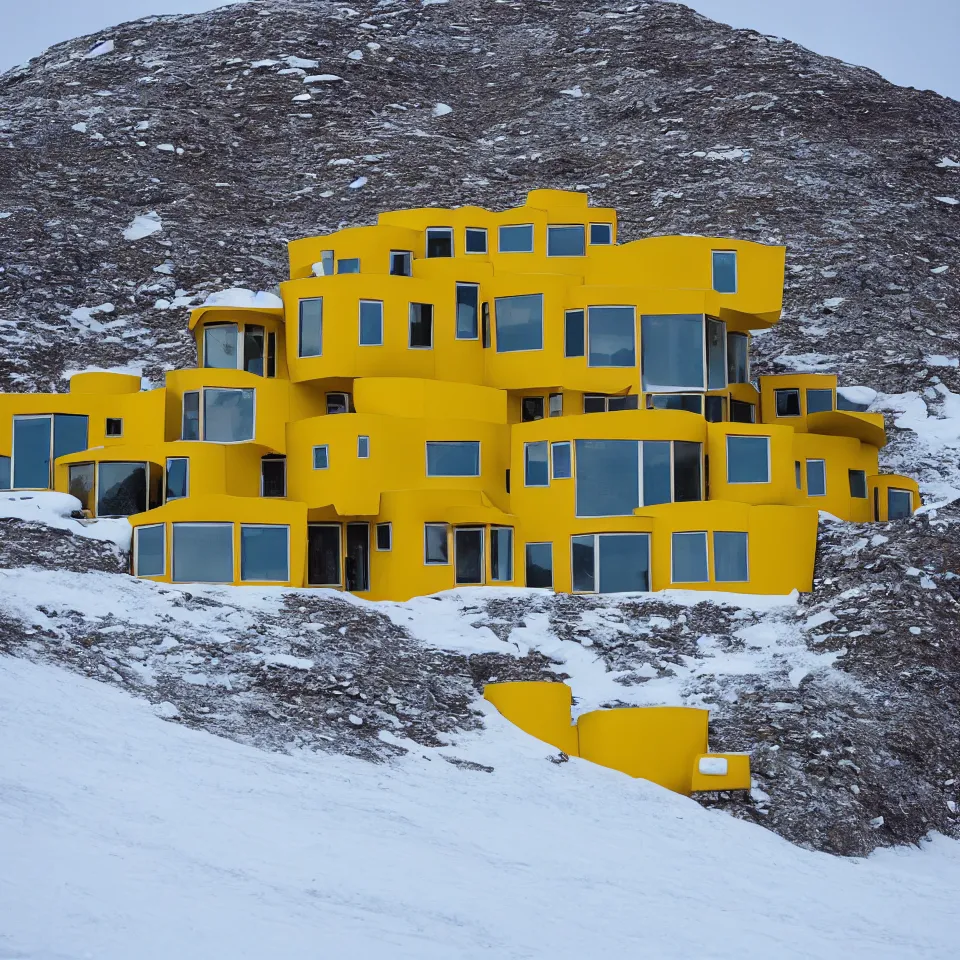 Image similar to a mid-century modern house on top of a cliff in the arctic, covered with snow, designed by Frank Gehry, with a long pathway toward it. Big tiles. Film grain, cinematic, yellow hue