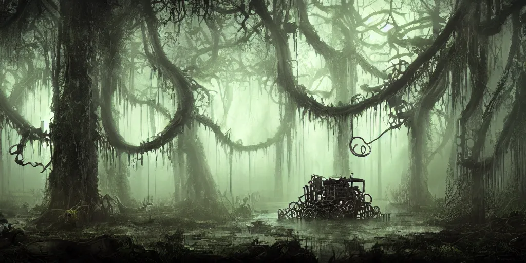 Image similar to mechanical steampunk machine in haunted swamp surrounded by dense forest with vines hanging from trees, creepy ambiance, fog, sharp focus, hughly detailed, eerily beautiful, cgsociety, artgerm