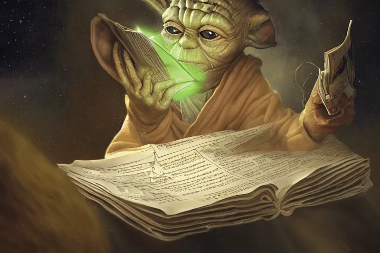 Image similar to a beautiful ultradetailed photo of yoda reading a newspaper in a monastery, by tom bagshaw and anna dittman, backlight, 3 5 mm lens, closeup shot, bokeh, golden ratio composition, sunset golden hour hues, very detailed, artstation, 8 k, highly coherent