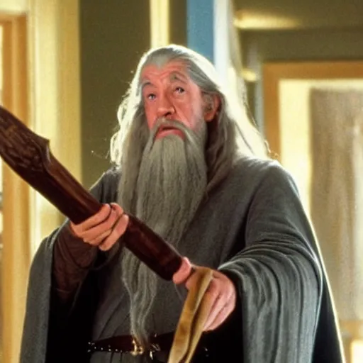 Image similar to a still of Gandalf as the dude from the movie the big Lebowski