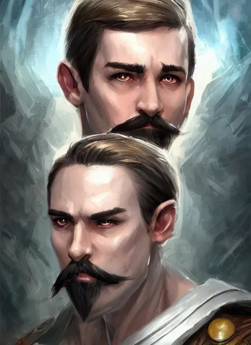 Prompt: young man with short white combover hair and moustache, dndbeyond, bright, colourful, realistic, dnd character portrait, full body, pathfinder, pinterest, art by ralph horsley, dnd, rpg, lotr game design fanart by concept art, behance hd, artstation, deviantart, hdr render in unreal engine 5