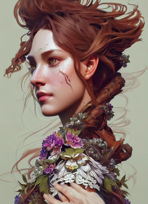 Image similar to symmetry!! portrait of floral! horizon zero dawn machine, intricate, elegant, highly detailed, digital painting, artstation, concept art, smooth, sharp focus, illustration, art by artgerm and greg rutkowski and alphonse mucha, 8 k