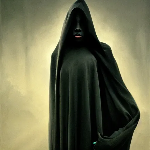 Image similar to a portrait of a young black woman wearing a long dark cloak, hood and shadows covering face, anatomically correct, beautiful perfect face, enigmatic, oil painting, matte painting, black background, Volumetric dynamic lighting, Highly Detailed, Cinematic Lighting, Unreal Engine, 8k, HD, by Beksinski