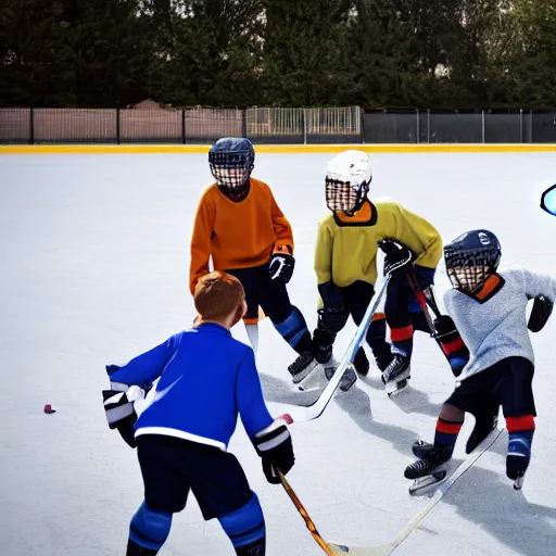 Image similar to a group of kids playing hockey in an outdoor rink