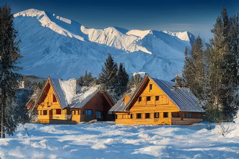 Image similar to architecture photo modern fachwerk house cottage settlement with Elbrus mountain on the background, architecture, photorealism 8k , high details