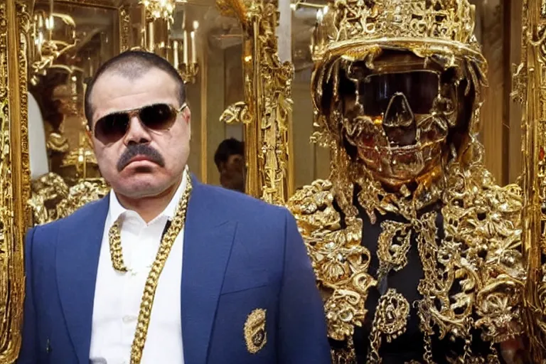 Image similar to el chapo standing in the middle of a grandiose mexican mansion. everything is made out of gold. el chapo is sipping on wine. the mansion is incredible and ornate. chapo has a clockwork chain. there are princesses and queens everywhere around him