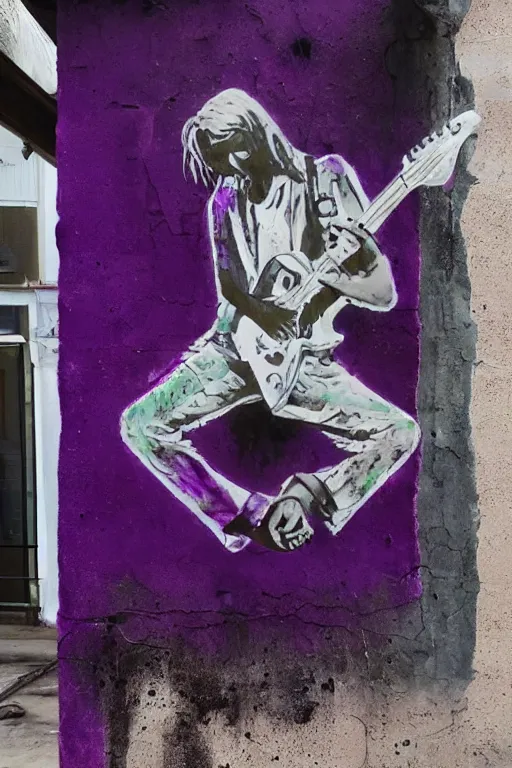 Prompt: dripping purple faded paint across the shape of a human playing guitar, realistic, extremely detailed, coming out of the building
