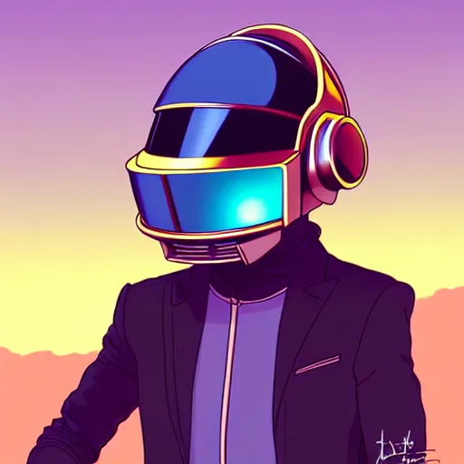 Prompt: a study of cell shaded cartoon of a daft punk in the style of howl's moving castle ( 2 0 0 4 ) on a desert road, full body, wide shot, very muted colors, post grunge, studio ghibli, laurie greasley, highly detailed, deviantart, art by artgem