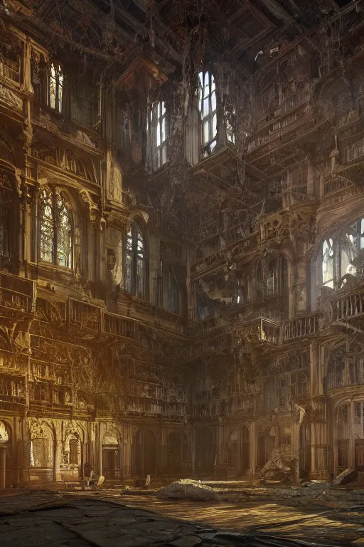 Prompt: decaying interior of an ( ( old library ) ) with a rainforest growing inside, highly detailed, mystical cathedral windows, intricate detail, beautiful 3 d rendering, octane render, hyperrealistic, trending on artstation, by greg rutkowski and simon stalenhag