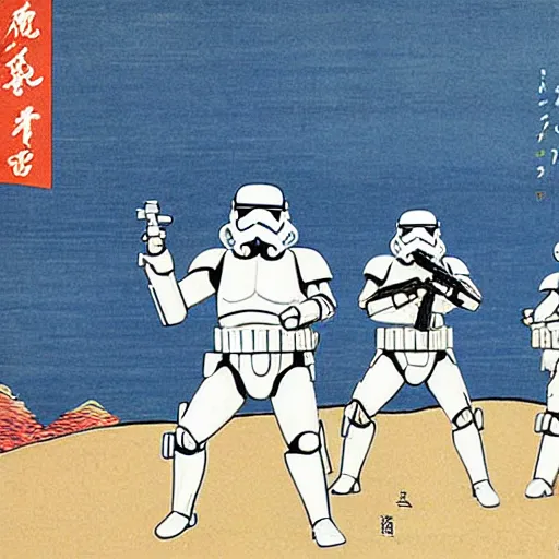 Image similar to star wars stormtroopers in battle, in the style of ando hiroshige, ukiyo - e