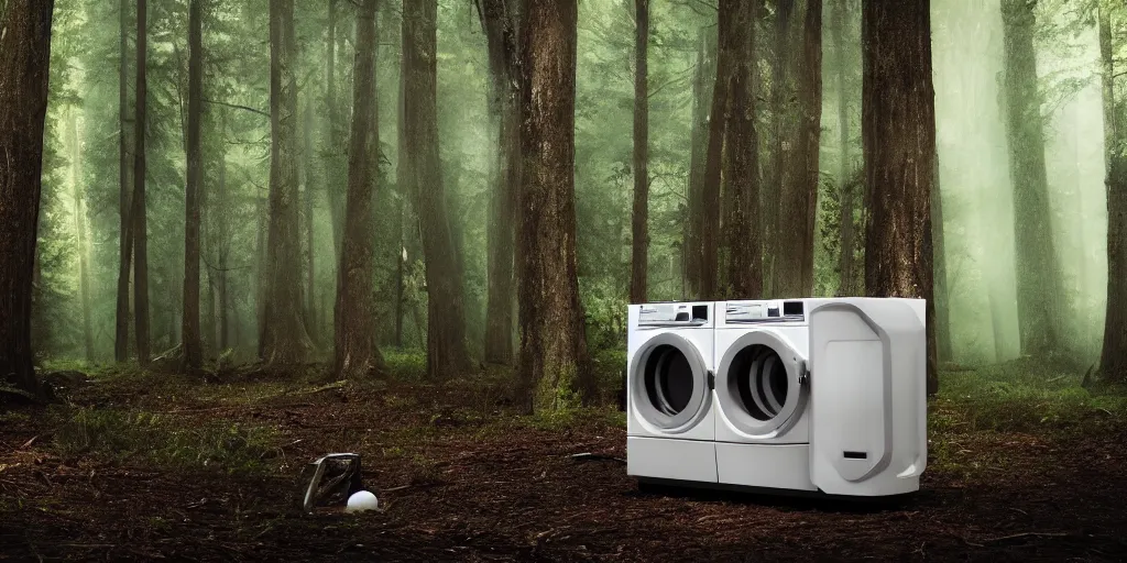 Image similar to futuristic washing machine in a timber forest, spring, cinematic lighting, shot on arri alexa