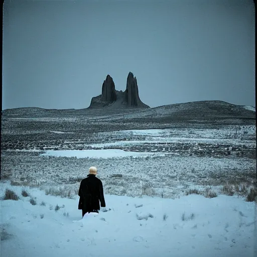 Image similar to photo of shiprock, new mexico during a snowstorm. a old man in a trench coat and a cane appears as a hazy silhouette in the distance, looking back over his shoulder. cold color temperature. blue hour morning light, snow storm. hazy atmosphere. humidity haze. kodak ektachrome, greenish expired film, award winning, low contrast,