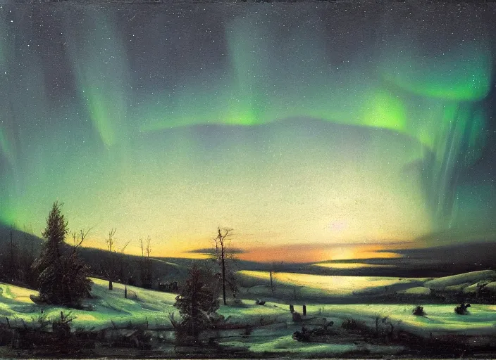 Image similar to aurora borealis above the snowed in fields and villages of lapland, finland in the style of hudson river school of art, oil on canvas