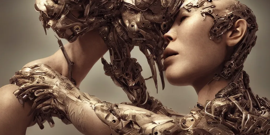 Prompt: hyper realistic photography of a stunningly beautiful cyborg female, elbow, intimate, holding close, in the style of beth cavener, jin kagetsu, wlop, highly detailed, intricate filigree, symmetry, masterpiece,, concept art, highkey lighting, ambient lighting, octane render, 8 k, artstation