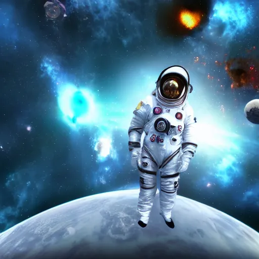 Image similar to !dream clown in a spacesuit looks at an exploding space station 13, 4k very detailed, cinematic