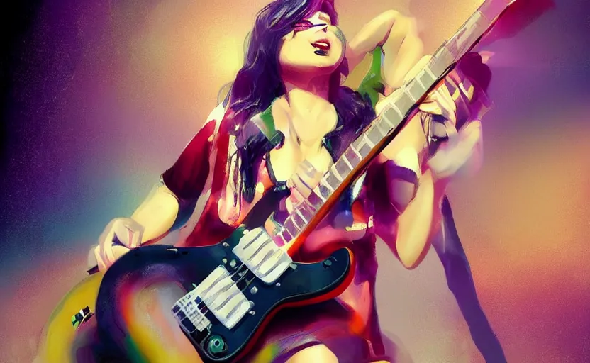 Image similar to rockstar girl playing electric guitar on stage. by amano yoshitaka, digital art, digital painting, illustration, artstation trending