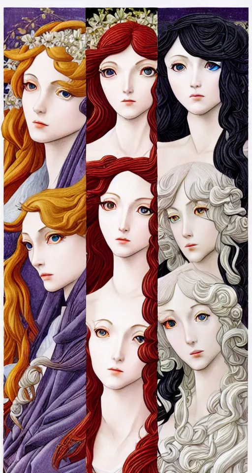 Image similar to 12 figures, representing the 4 seasons, (Spring, Summer, Autumn and Winter), in a mixed style of Botticelli and Æon Flux!!, inspired by pre-raphaelite paintings, shoujo manga, and cyberpunk!, stunningly detailed, elaborate inking lines, pastel colors, 4K photorealistic