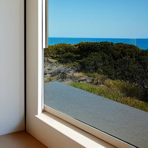 Image similar to modern minimalist zen window sill overlooking the pale blue sea