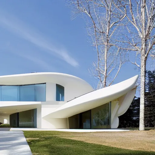 Prompt: This new and unique house exterior is inspired by the majestic, soaring form of an eagle in flight. The front façade features several large windows arranged in a sweeping curve. photo.