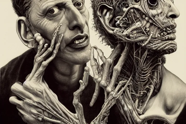 Image similar to hyper realistic portrait of wider faced jeff goldblum, silver haired, the fly, the thing, body horror, cronenberg, by hr giger, by lee bermejo, alphonse mucha and greg rutkowski