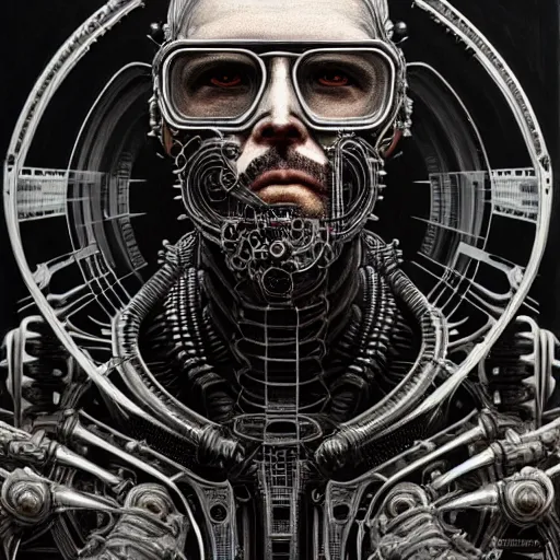 Image similar to ultra realist intricate detailed painting of a single rugged cyborg male, bearded face and cyborg tech on body, symmetry accurate features, cyberpunk, industrial, apocalyptic, very intricate details, focus, high resolution, 4 k, artstyle h. r. giger and hiraku tanaka, award winning