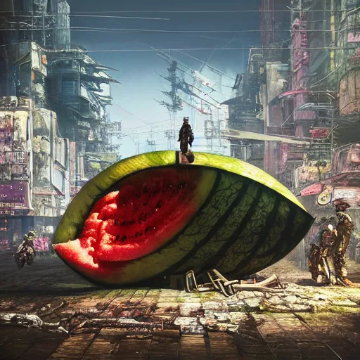 Prompt: Concept Digital Art Highly detailed giant Watermelon warlord protecting Ukrainian city from Orks by Stephen Hickman and Beeple. Very highly detailed 8K,Pentax 67, Kodak Portra 400 in style of Hiromasa Ogura Ghost in the Shell, the golden ratio, rational painting