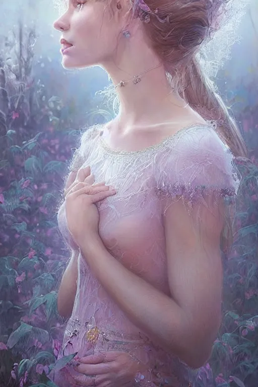 Image similar to portrait of beautiful fairy women clothed in beads and lace, by mandy jurgens, gorgeous, elegant