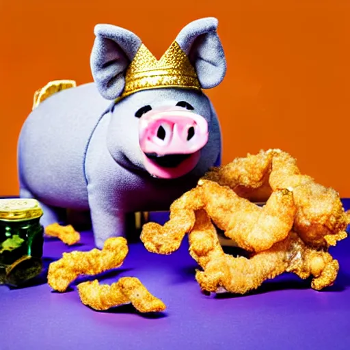 Image similar to studio photograph of a pig wearing a gold crown depicted as a muppet eating pork rinds surrounded by pickles