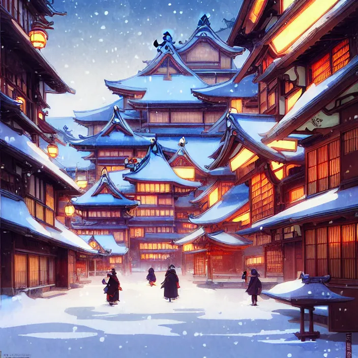 Image similar to japanese city, winter, in the style of studio ghibli, j. c. leyendecker, greg rutkowski, artem