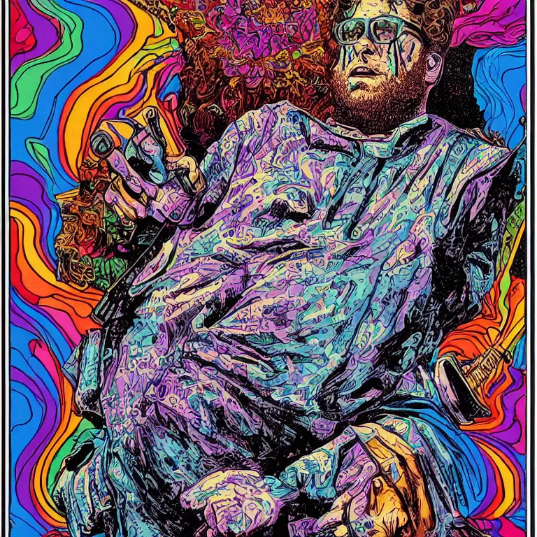 Image similar to beautiful colorful hyperrealist highly detailed psychedelic music poster'zombie seth rogen ', psychedelic art nouveau, beautiful high contrast colored wood engraving, moebius comic style, shocking detail trending on artstation 8 k