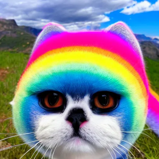 Image similar to vacation photos postcard from gizmo the rotund rainbow kitty with rainbow fur, a pink nose, multicolored eyes heterochromia cute wild adventures and travel to glorious locations