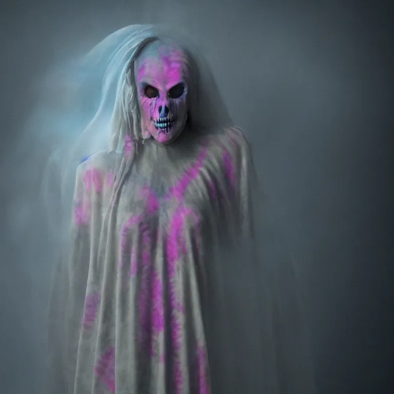 Prompt: octane render portrait by wayne barlow and carlo crivelli and glenn fabry, a woman wearing a skintight tie - dye bedsheet ghost costume, backlit, dramatic lighting, fog and mist, inside a futuristic nightclub, cinema 4 d, ray traced lighting, very short depth of field, bokeh